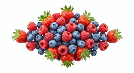 Obraz premium Fresh isolated mixed berries floating symmetrically on a pure white background