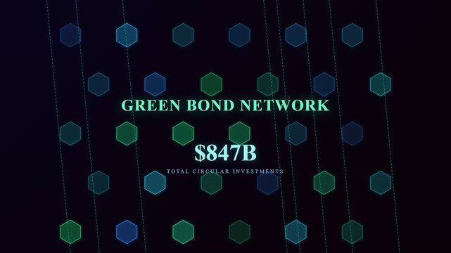 A sophisticated motion graphic depicting circular economy financing through glowing green hexagonal nodes and escalating numeric data representing a sprawling sustainable investment network