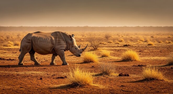 Rhinoceros Walking in Desert Landscape at Sunset.