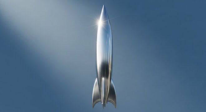 Silver Rocket Launching into Blue Sky.