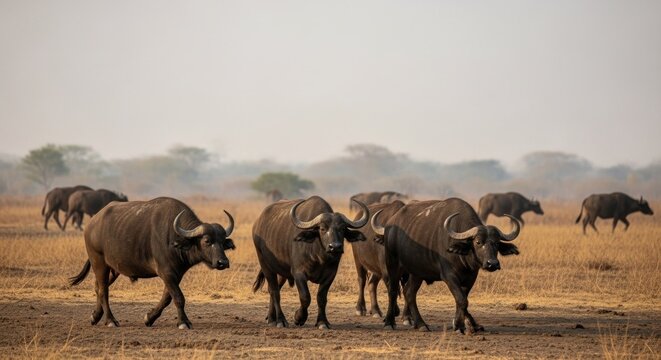 Herd of African Buffalo Grazing in the Savannah at Sunrise.