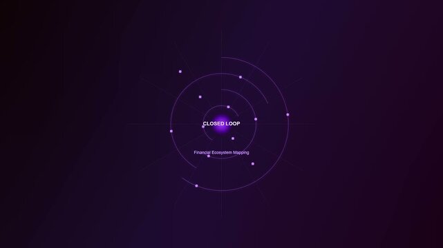 An abstract animation of circular economy financing unfolds as a glowing purple nexus expands into a complex digital mapping system illustrating sustainable financial ecosystem connectivity