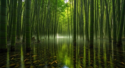 Fototapeta premium Tranquil bamboo forest reflecting in calm water