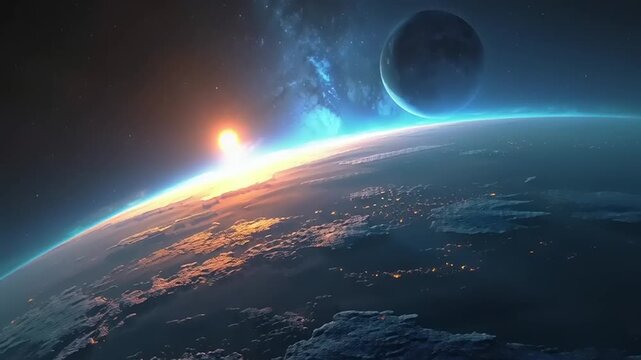 A stunning celestial event unfolds as a bright explosion occurs on a distant planet with a large moon in space.