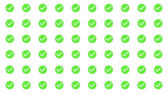 Check circle pictograms bounce into a grid, with circles followed by check marks. Ideal for approval, validation, task completion, and playful interface visuals.