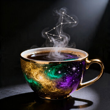 Cosmic Coffee Cup with Galaxy Texture and Steam Constellation on Dark Background