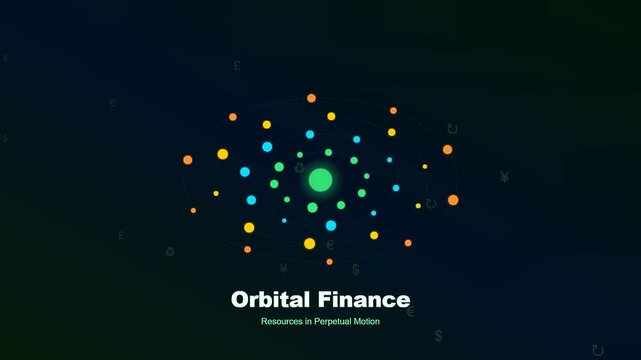An elegant motion graphic depicting circular economy financing as luminous spheres orbit a central core in a fluid expansion of sustainable resource distribution and growth