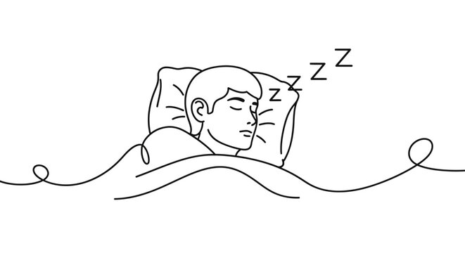 Person sleeping soundly under a blanket, depicted in a minimalist continuous line art style, symbolizing rest and tranquility with subtle 'z's indicating deep sleep