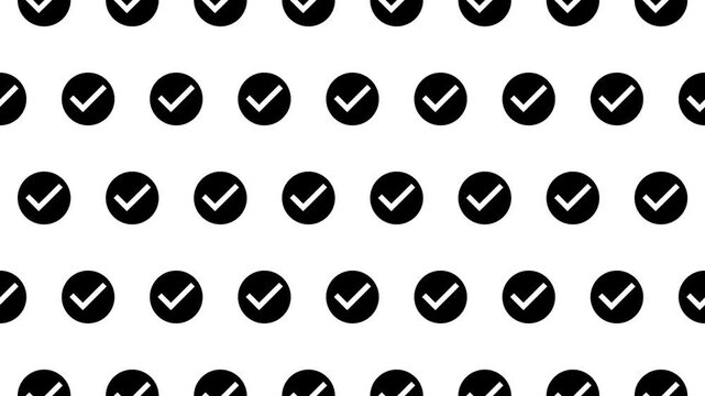 Check circle pictograms move upward in a seamless loop on white background, creating a clean repeating pattern. Suitable for approval themes, interface visuals, and abstract motion backgrounds.