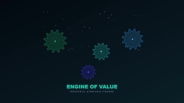 An abstract motion graphic representing circular economy financing through glowing neon gears that rotate and interlock against a deep cosmic void to symbolize sustainable industrial growth