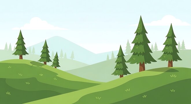 Cartoon landscape with green hills, pine trees, and mountains