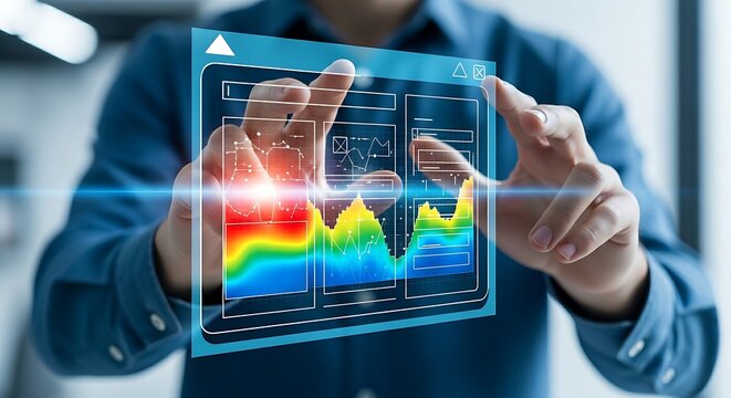 User activity analysis. A product manager's hands touch a holographic heatmap over an app wireframe, showing the most active user areas in red.