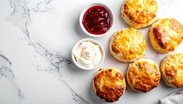 Food Photo Scones with Cream and Raspberry Jam on Marble