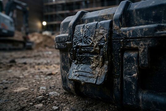 Close-up of tool box latch underside with thick buildup of industrial grease and mud