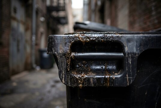 Close-up of large dumpster handle indent with thick buildup of black sludge and grease