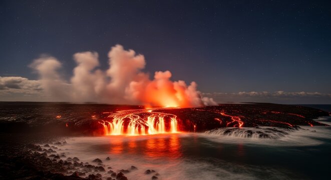 A volcanic eruption occurs at night with lava flowing into the ocean under a starry sky