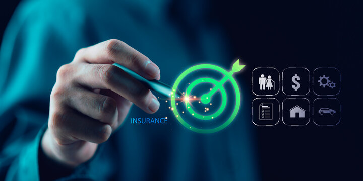Insurance advisor targets financial protection strategy using digital interface, highlighting risk management, policy selection, coverage planning, asset security, and wealth protection insights.