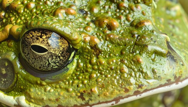 Close-up of a Green Toads Eye and Textured Skin.