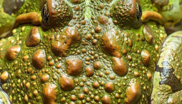 Close-up of a Warty Green and Brown Toads Head.