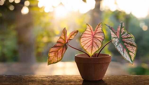 Caladium Bicolor In Old Pot With Sunshine