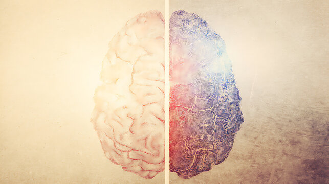 Human brain divided into two hemispheres symbolizing creativity, art, and imagination