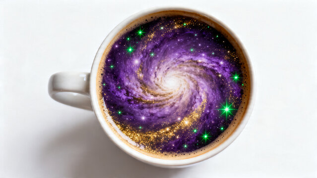 Top View of Purple Galaxy Nebula and Golden Stars Inside Coffee Cup on White Background