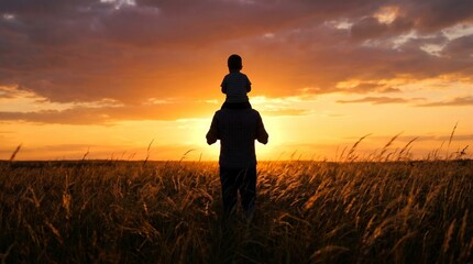 Fototapeta premium Silhouette of a father carrying his young child on his shoulders in a field at sunset.
