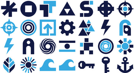 Variety of abstract geometric symbols and icons modern blue and dark blue. © Icon Set