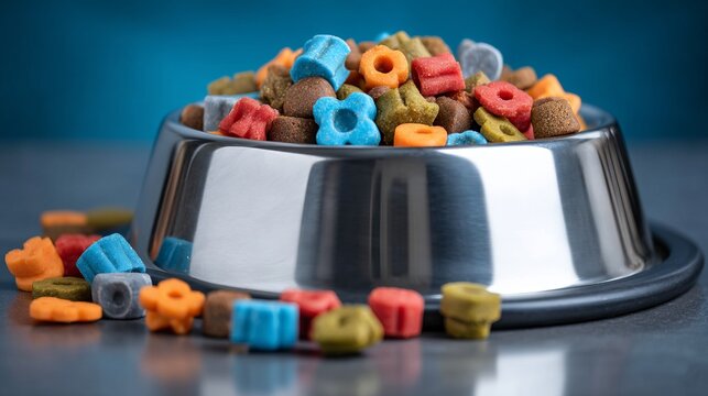 Colorful Pet Food Bowl Upside Down with Vibrant Pieces on a Solid Surface
