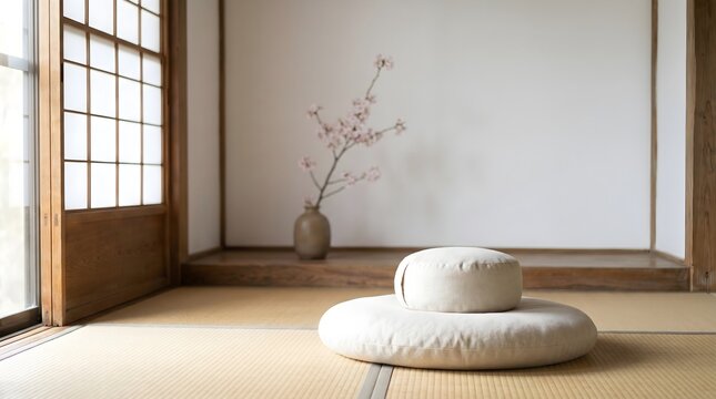 Minimalist Japanese Zen meditation room with cushions on tatami mats and shoji screen, wellness home sanctuary
