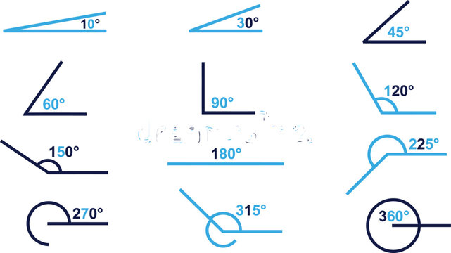 Set of geometric angle measurements from 10 to 360 degrees vector illustration.