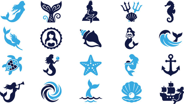 Collection of blue and dark blue nautical and mermaid icons vector illustration.