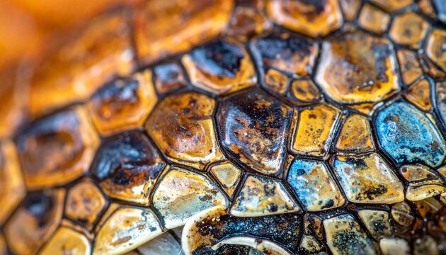 Detailed Close-Up of a Turtle Shell with Intricate Patterns and Colors.