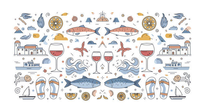 Coastal Delights - A Symmetrical Doodle Pattern of Seafood, Wine, and Maritime Elements.