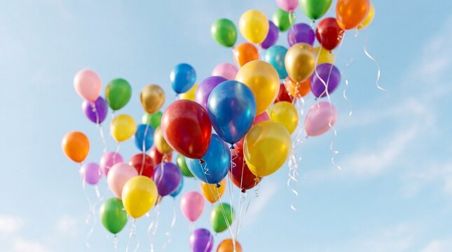 A vibrant cluster of colorful balloons ascending into a clear blue sky.