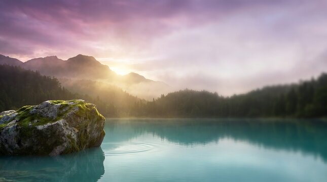 A serene landscape of a lake with mountains in the background during sunset