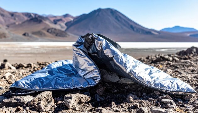 Emergency thermal blanket spread out on rough rocky ground with distant mountain landscape