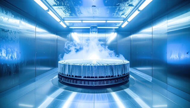Superconducting qubit array submerged within a cryogenic chamber emitting faint frost and technology