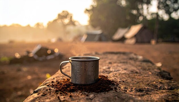 Steaming tin mug filled with coffee grounds sits on a textured stone surface at a campsite during sunrise