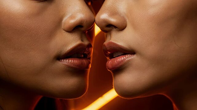 Intimate Connection: A close-up shot captures the delicate proximity of two individuals, their features illuminated by warm, inviting light. An unspoken bond is revealed in this evocative moment.
