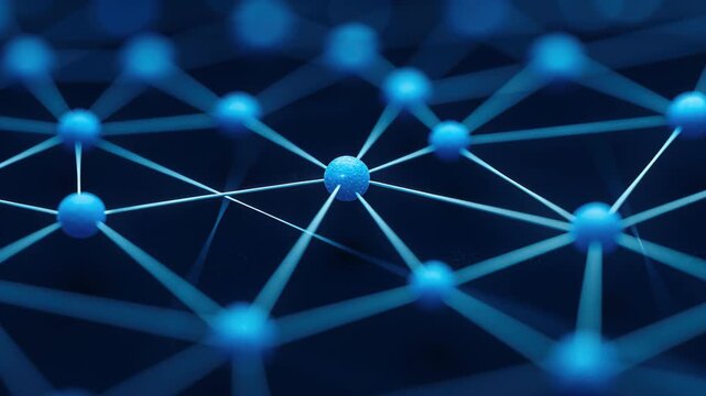 Connected Network: A close-up view of a complex network of interconnected nodes, illuminated with a cool blue hue, symbolizes connectivity and the power of unified structures.
