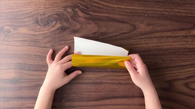 Close-up of a child's hand folding gold origami paper in half on a wooden table, slow motion