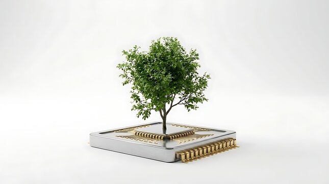 Pohon Tumbuh di Atas Chip Komputer Teknologi Hijau Konsep Inovasi