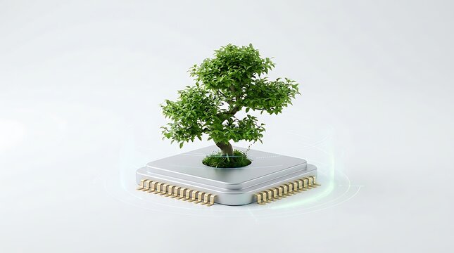 Pohon Bonsai Tumbuh di Atas Chip Komputer Konsep Teknologi Hijau