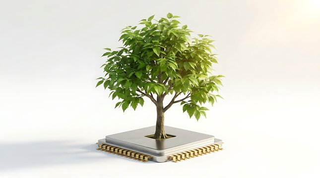 Pohon Tumbuh di Atas Chip Komputer Melambangkan Teknologi Hijau dan Inovasi
