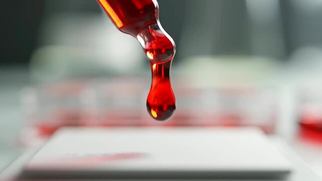 The intricate process of pharmacogenomic drug matching unfolds as a crimson reagent descends from a pipette onto a sterile slide in a sophisticated biomedical facility