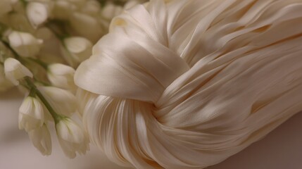 Obraz premium Close-up macro view of lustrous ivory silk fabric with flowing folds and intricate texture
