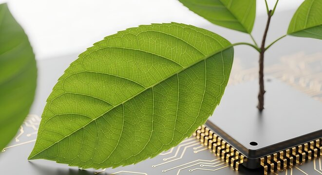 Konsep Teknologi Hijau Daun Tumbuh di Atas Chip Komputer Sirkuit Emas