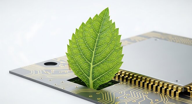 Daun Hijau Tumbuh dari Sirkuit Komputer Konsep Teknologi Hijau