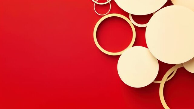 Geometric Harmony on Crimson: A vibrant composition of interconnected circles and rings dances across a vivid crimson canvas, creating an abstract display of form and balance.